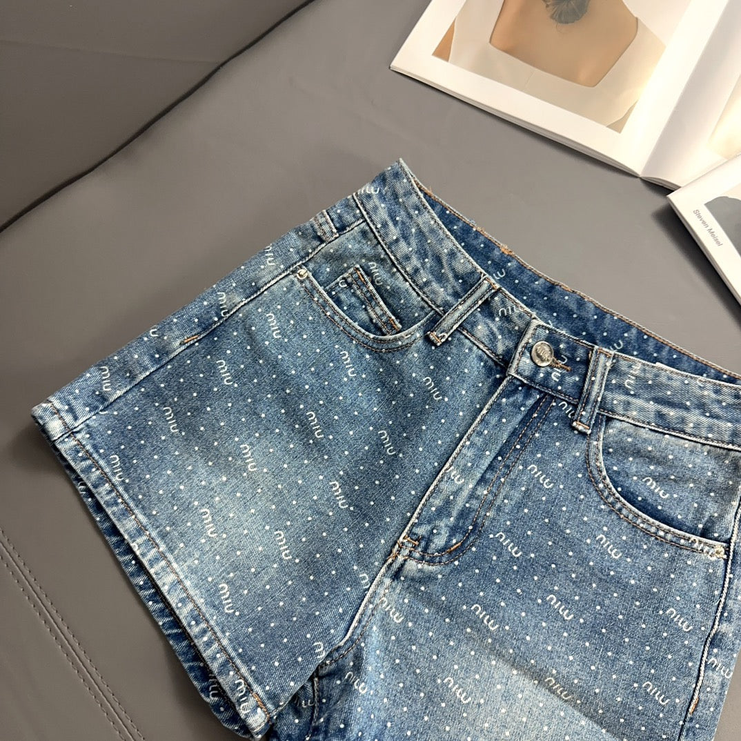 Polka dot denim shorts