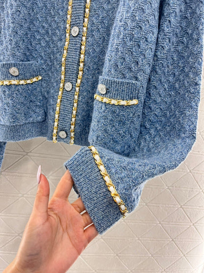 V-neck chain knitted cardigan