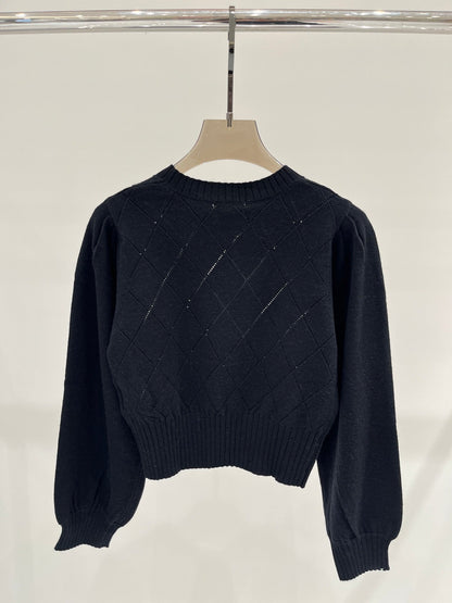 Diamond hollow round neck puff sleeve knitted top