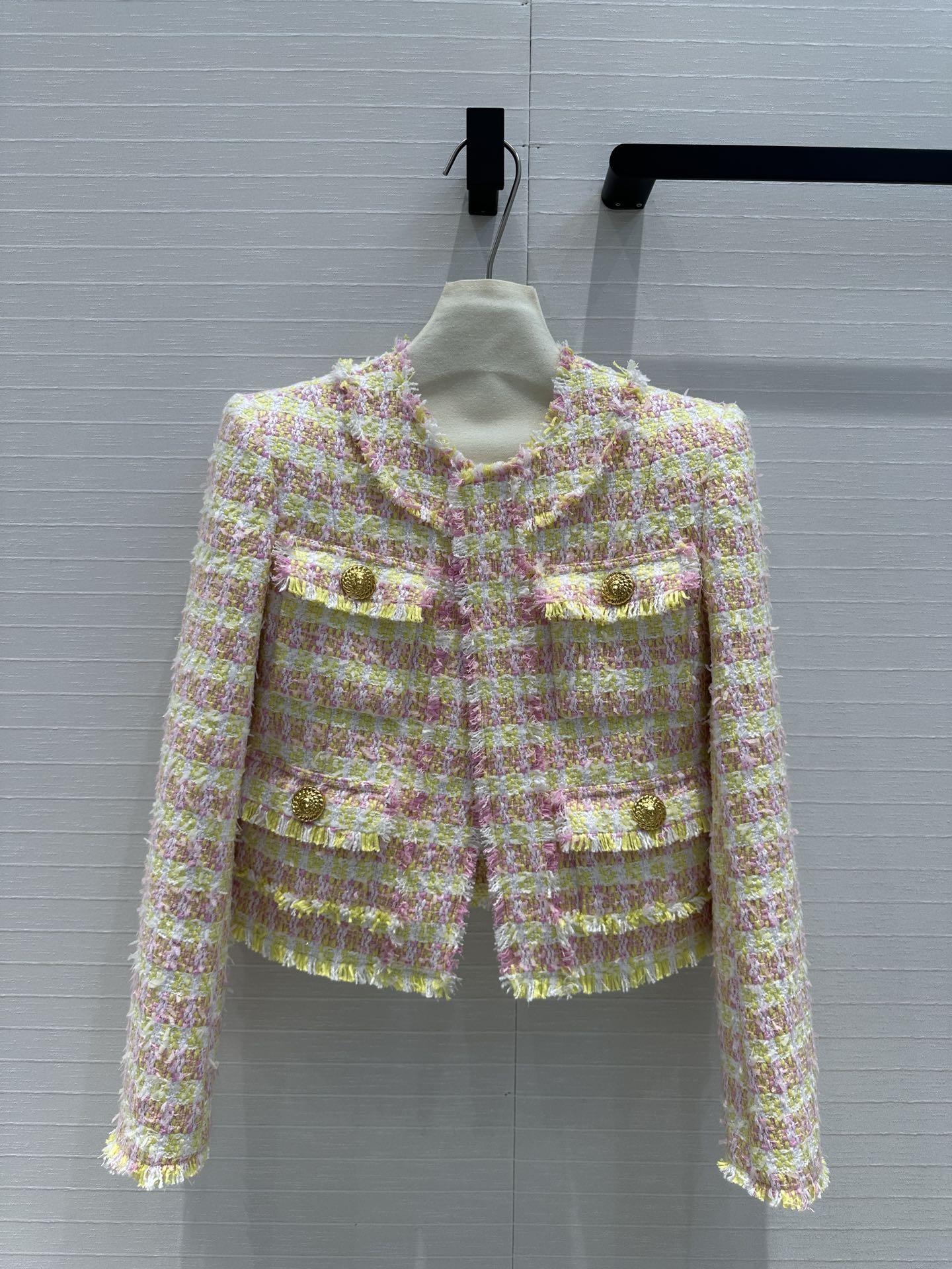 Yellow pastel plaid tweed jacket