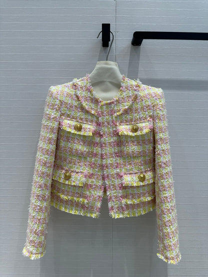 Yellow pastel plaid tweed jacket