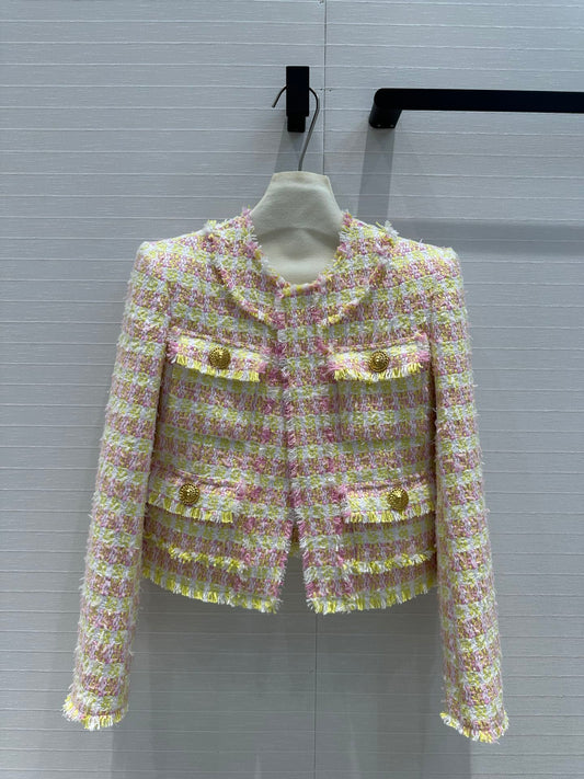 Yellow pastel plaid tweed jacket