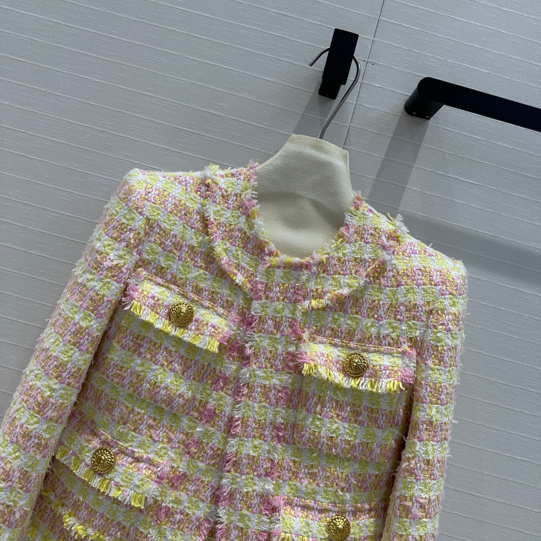 Yellow pastel plaid tweed jacket