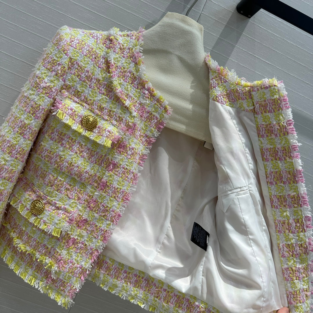 Yellow pastel plaid tweed jacket