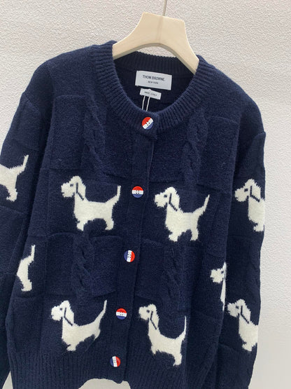 Puppy print knitted crew neck cardigan