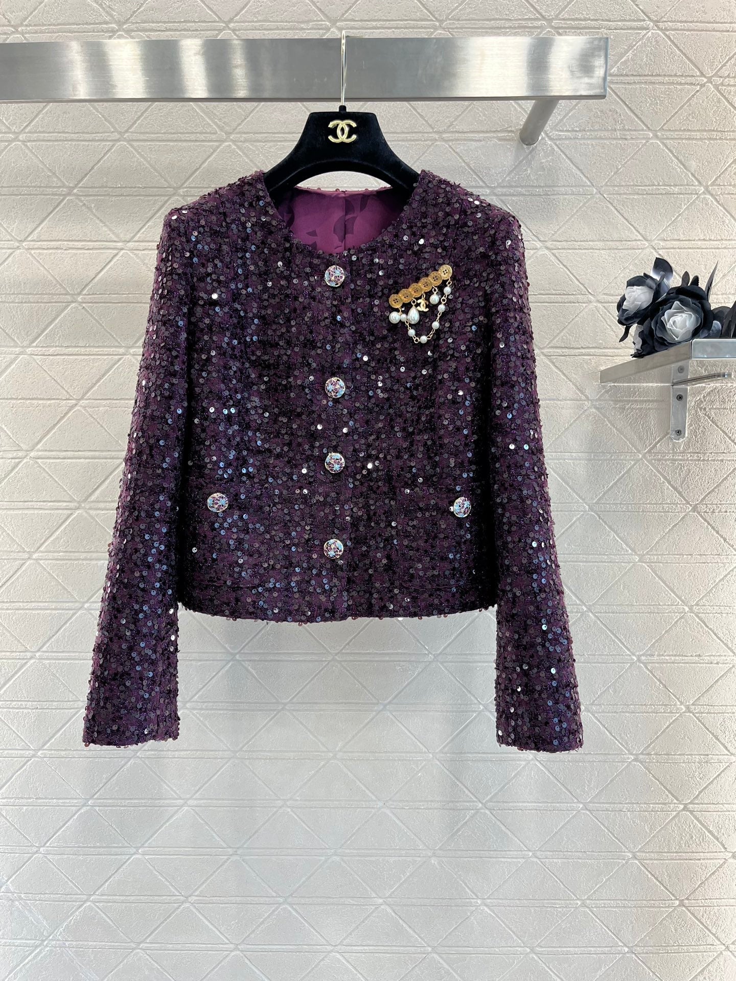 Brooch tweed sequined braided coat