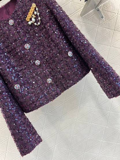 Brooch tweed sequined braided coat