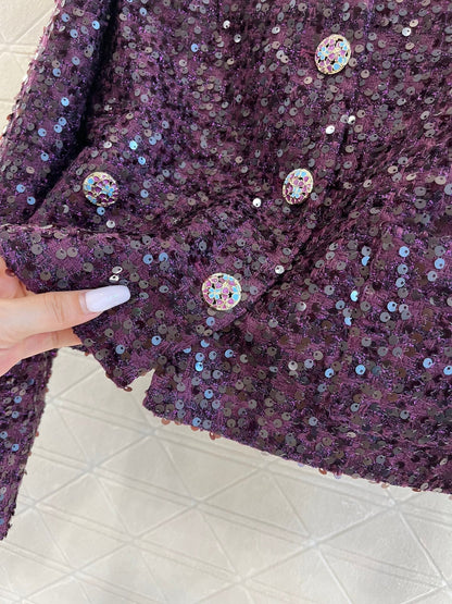 Brooch tweed sequined braided coat