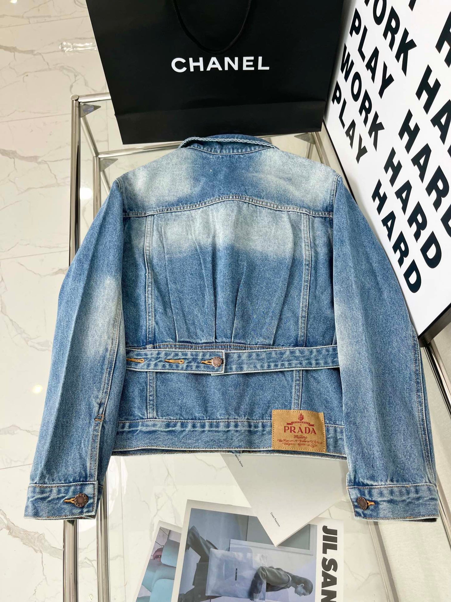 Logo embellished washed denim belted jacket