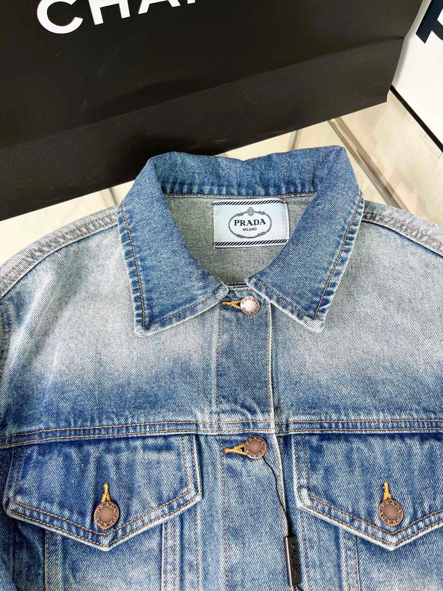 Logo embellished washed denim belted jacket