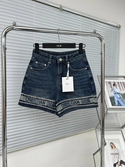 Denim shorts with logo on hem