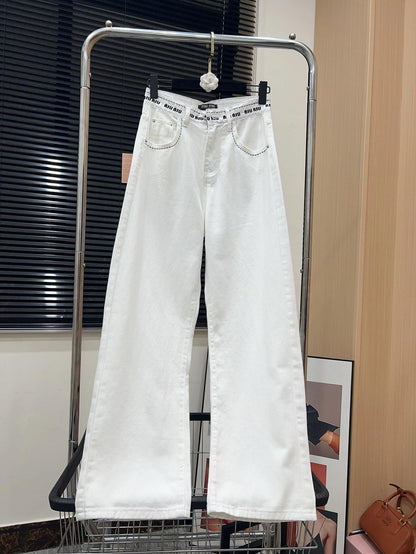 White jeans with logo on waist