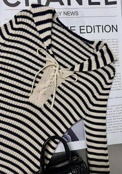 High-end navy collar embroidered letter stripes knitted long sleeves