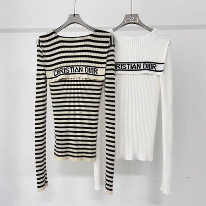 High-end navy collar embroidered letter stripes knitted long sleeves