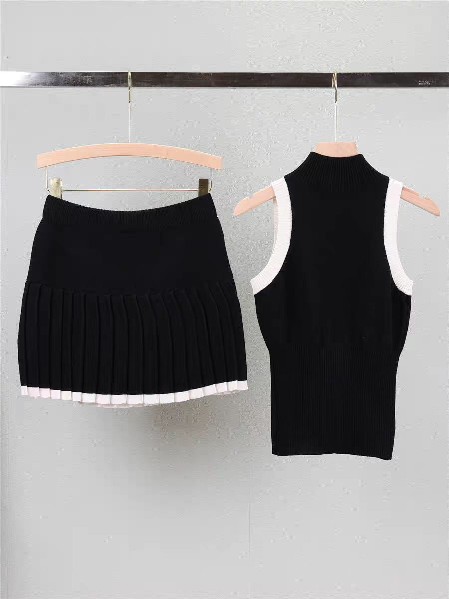 Contrast Collar Knit Vest and Skirt Set