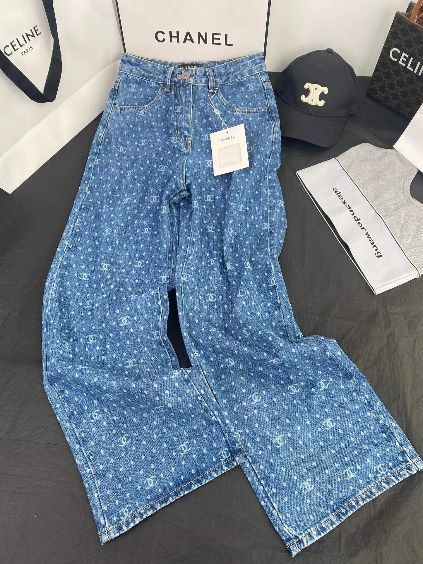 Polka dot logo print wide-leg straight-leg jeans