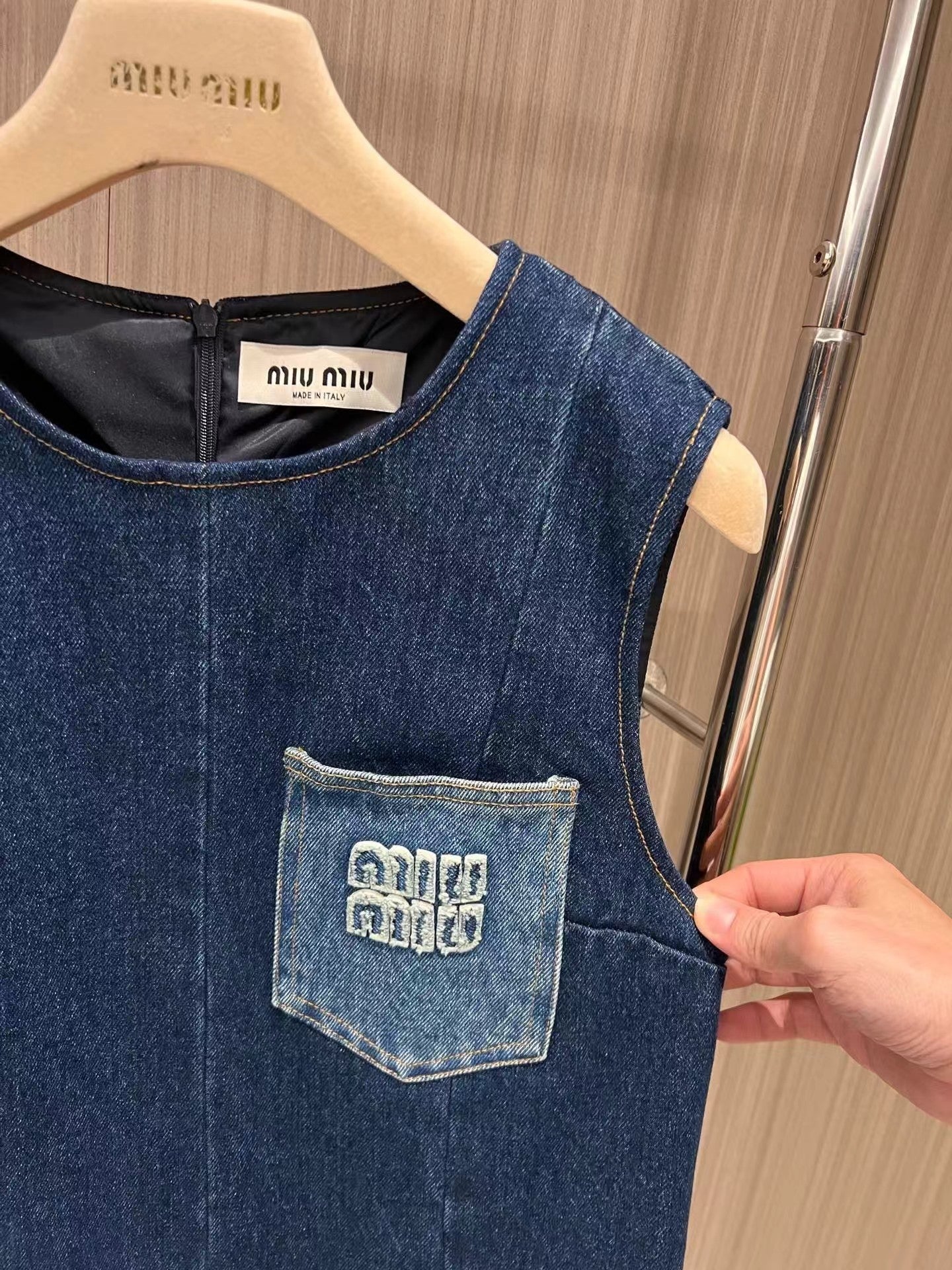 New MM patch embroidered denim dress