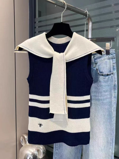 D New Contrast Stripe Navy Collar Fake Two-Piece Vest