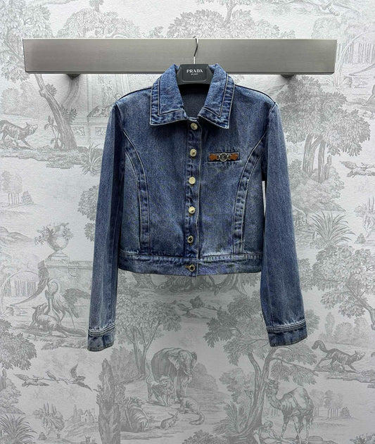 Lapel long-sleeve denim jacket with metal logo leather buckle on chest