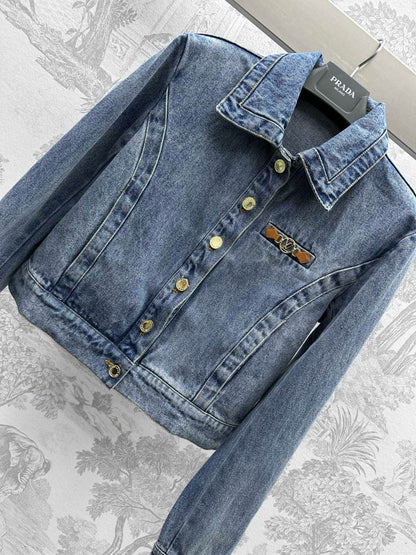 Lapel long-sleeve denim jacket with metal logo leather buckle on chest