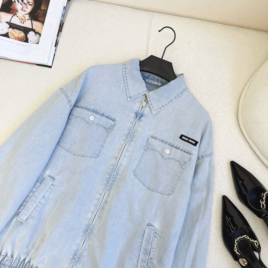 Relaxed fit pleated skirt denim jacket