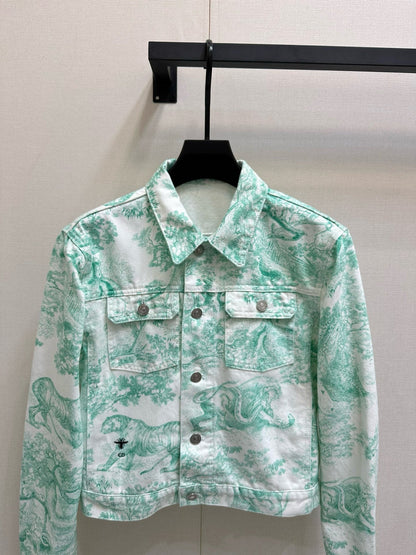 Mint Mambo Color Floral Jouy Animal Denim Jacket