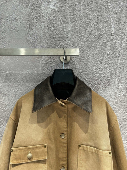 Distressed leather collar workwear style jacket