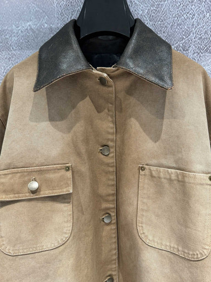 Distressed leather collar workwear style jacket