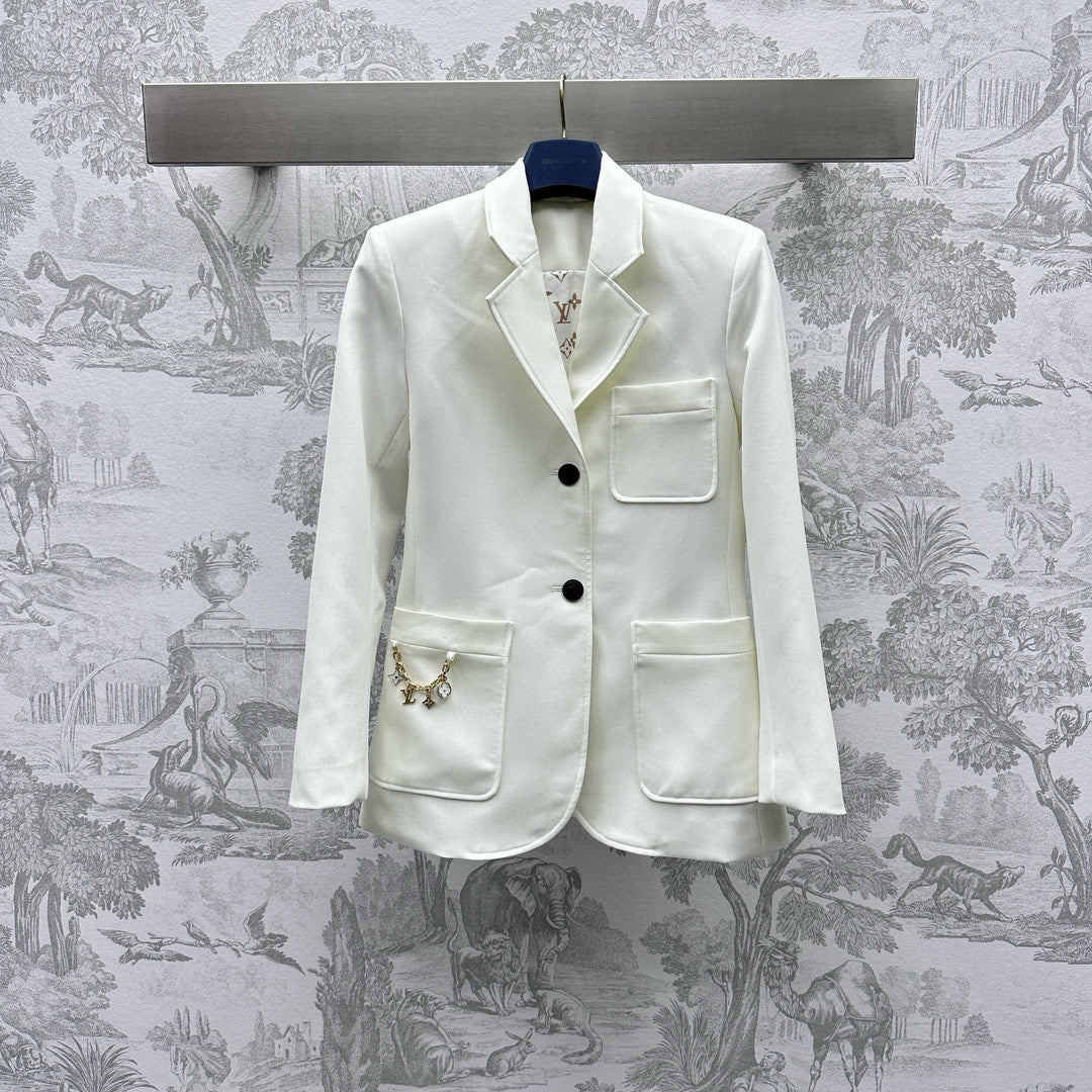 Blazer with logo hardware chain decoration