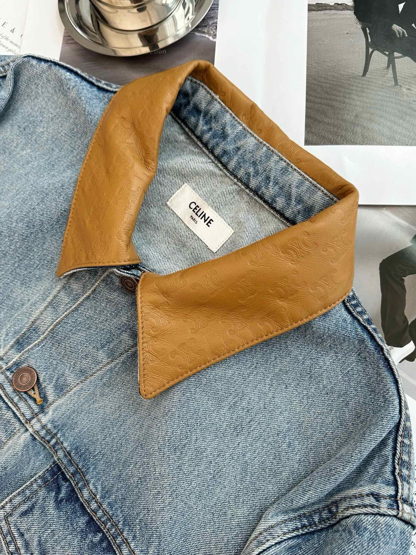 Leather lapel denim jacket