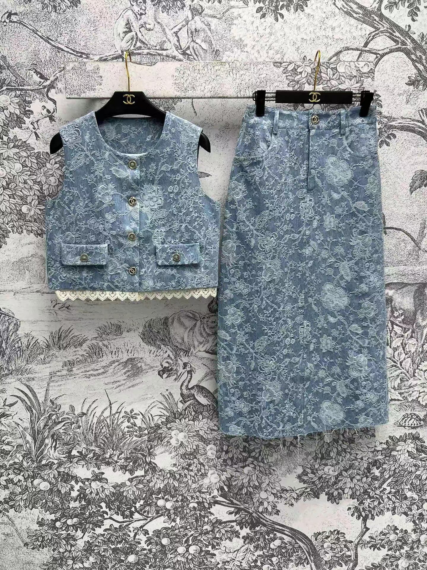 CC new autumn jacquard short denim vest plus custom jacquard denim skirt