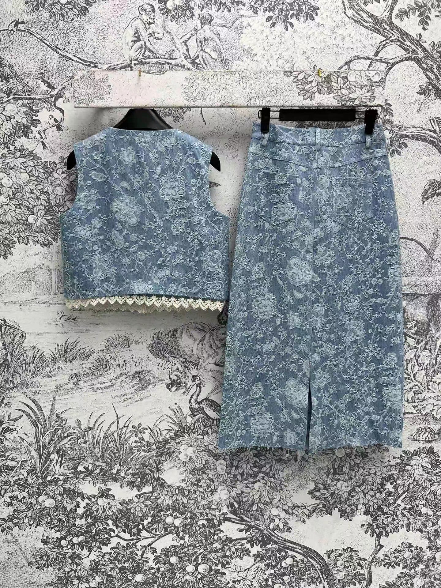 CC new autumn jacquard short denim vest plus custom jacquard denim skirt