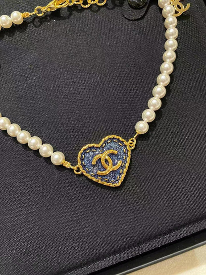 CC new blue heart-shaped pendant pearl necklace