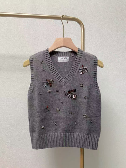 CC new sequined ribbed V-neck knitted vest