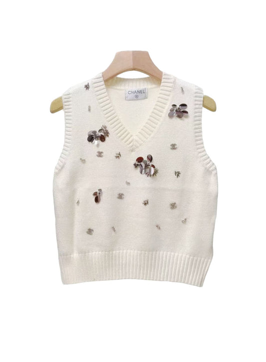 CC new sequined ribbed V-neck knitted vest