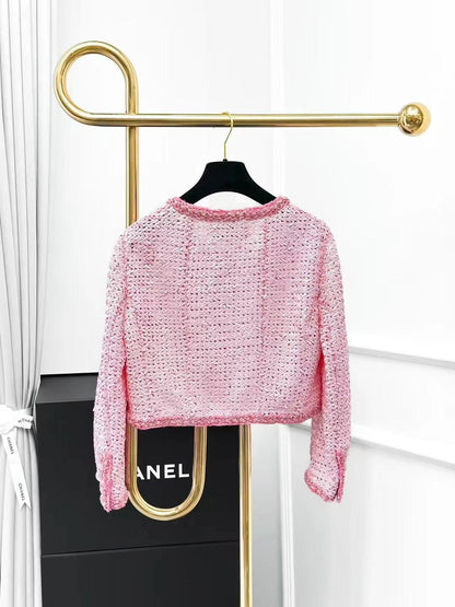 CC new pink full sequin round collar jacket