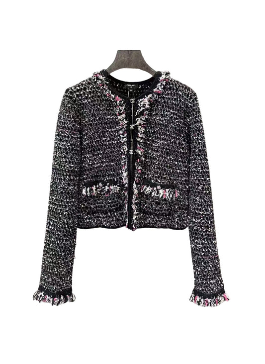 CC new black diamond button sequined tweed knitted cardigan