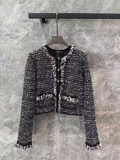 CC new black diamond button sequined tweed knitted cardigan