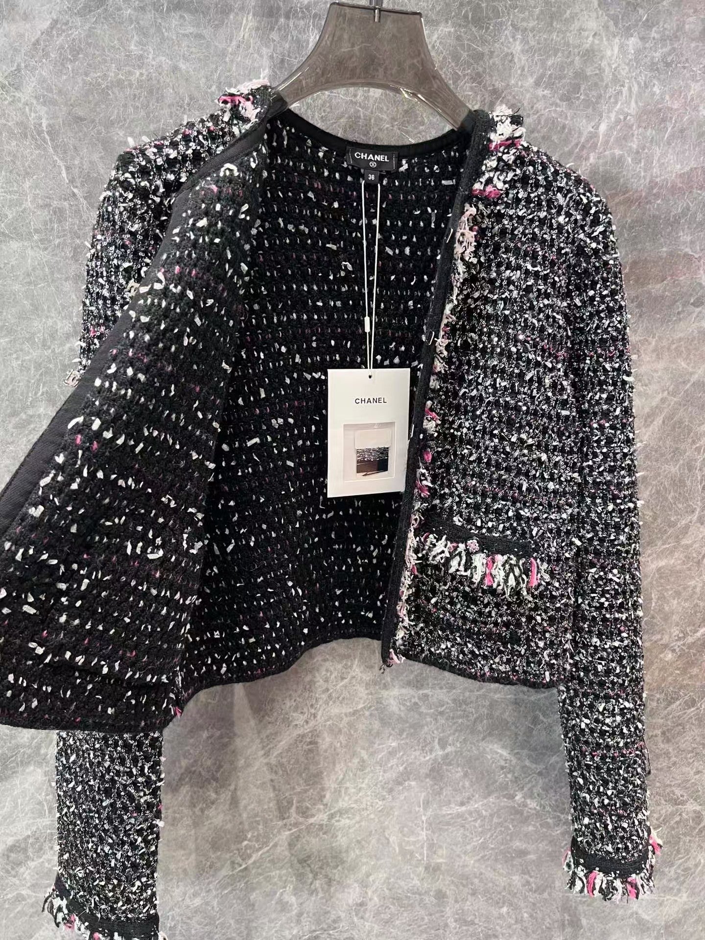 CC new black diamond button sequined tweed knitted cardigan