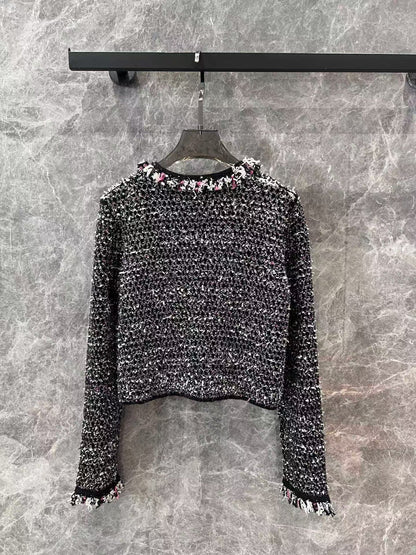 CC new black diamond button sequined tweed knitted cardigan