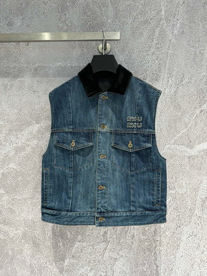 MM new denim vest velvet stitching lapel