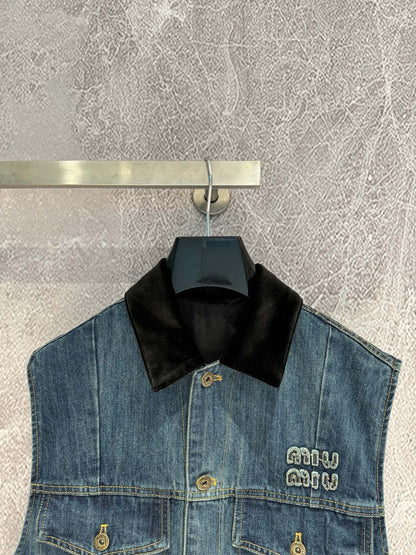 MM new denim vest velvet stitching lapel