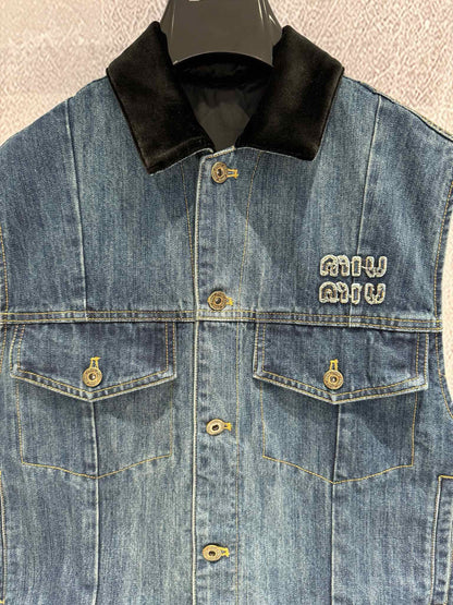 MM new denim vest velvet stitching lapel