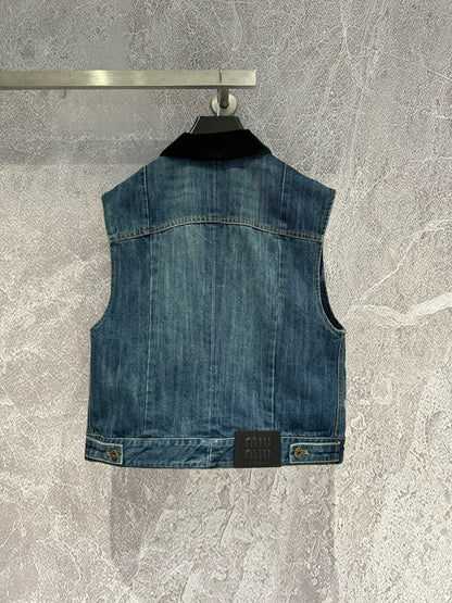 MM new denim vest velvet stitching lapel