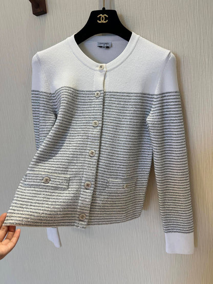 Silver striped round neck knitted cardigan