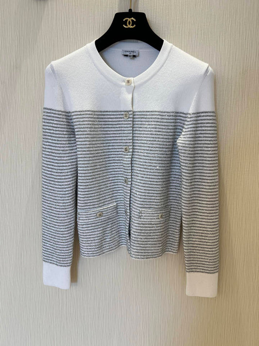 Silver striped round neck knitted cardigan