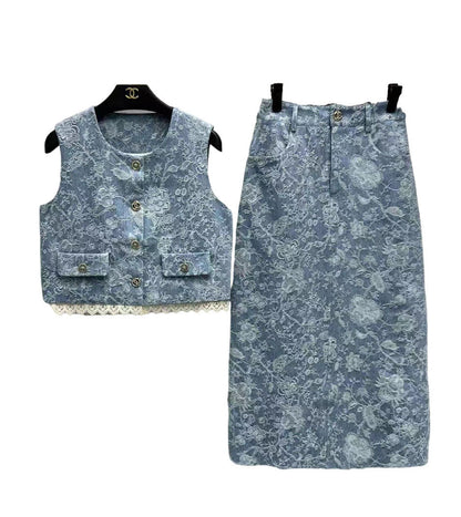 CC new autumn jacquard short denim vest plus custom jacquard denim skirt