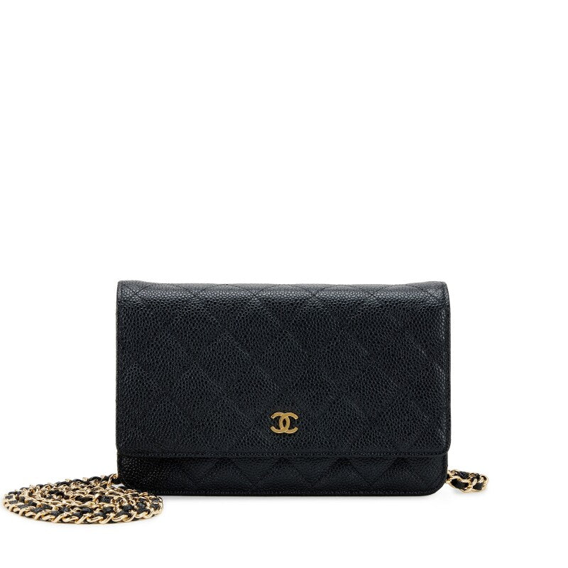 CC Black Quilted Caviar Wallet on Chain Gold Hardware（12.5×19.25×3cm）