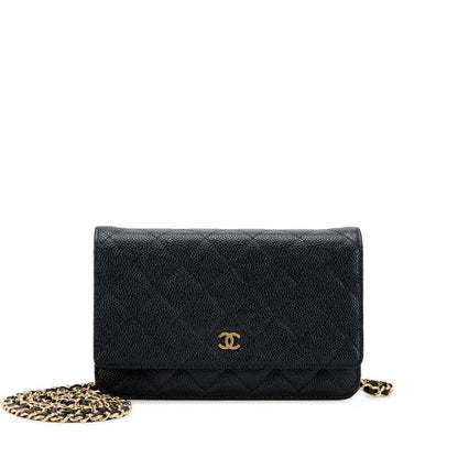 CC Black Quilted Caviar Wallet on Chain Gold Hardware（12.5×19.25×3cm）