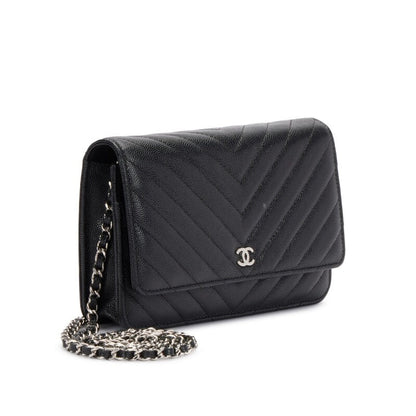 CC Black Caviar Chevron Wallet On Chain Sier Hardware（13×19×5cm）